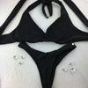 Katy Black (no scrunch/seamless fit) she's wearing the large top, micro no cheeky, marissa front (hook back offered by request instead of tie)