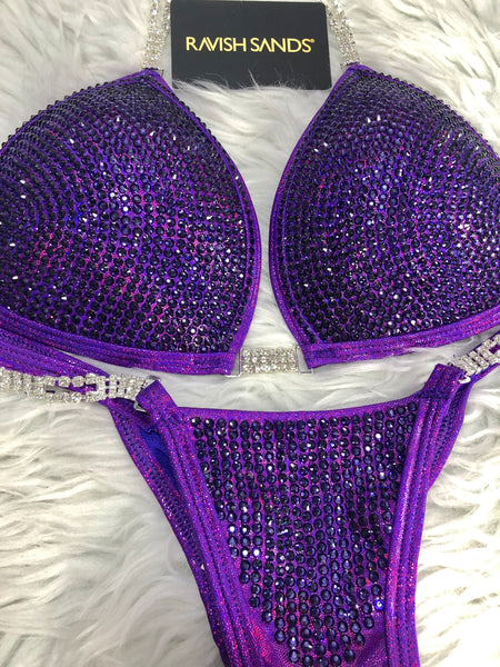 Custom Bright purple iridescent Metallic With all deep tanzanite DELUXE Luxe Competition Bikini  and molded cup Included