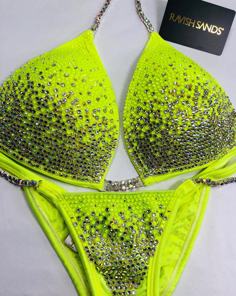 Custom Competition Bikini neon Yellow diamond Deluxe Gradient Ombre