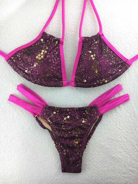 Pink Sparkle Gold Sequin Band Bikini Brazilian cheeky