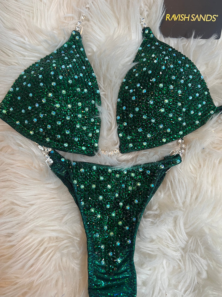 Custom Competition Bikinis emerald Green Bling Speckle