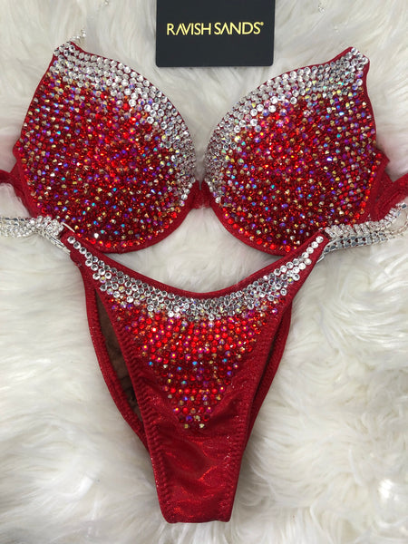 Custom Competition Bikinis Red crystal gradient Underwire Push up bra Wellness bikini