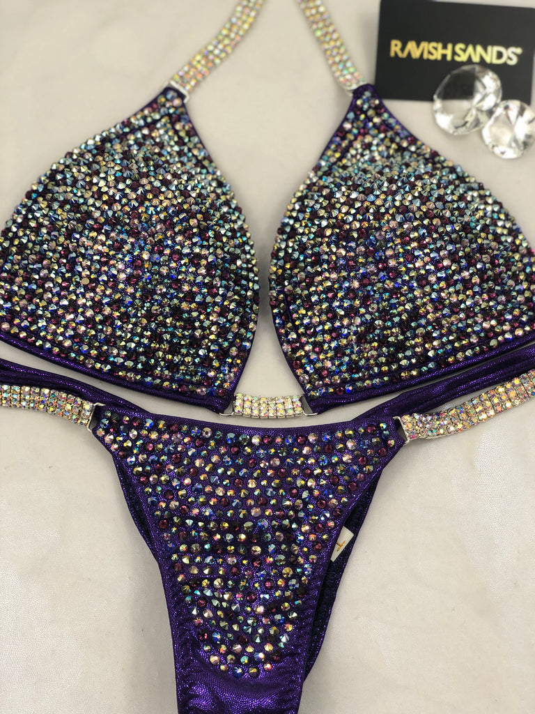 Custom Purple DELUXE Luxe W/Color crystals Competition Bikini and molded cup Included