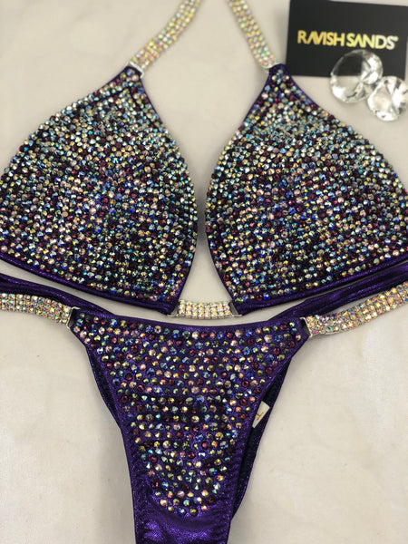 Custom Purple DELUXE Luxe W/Color crystals Competition Bikini and molded cup Included