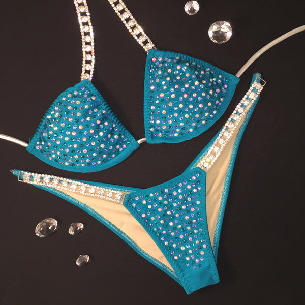 Matte Teal Luxe Small Top/Midcoverage cheeky color crystal upgrade exposed fabric trim(we size to your measurements)
