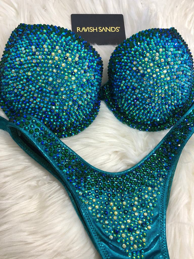 Custom Competition Bikinis “Elegance” emerald teal  Underwire Push up bra Wellness bikini
