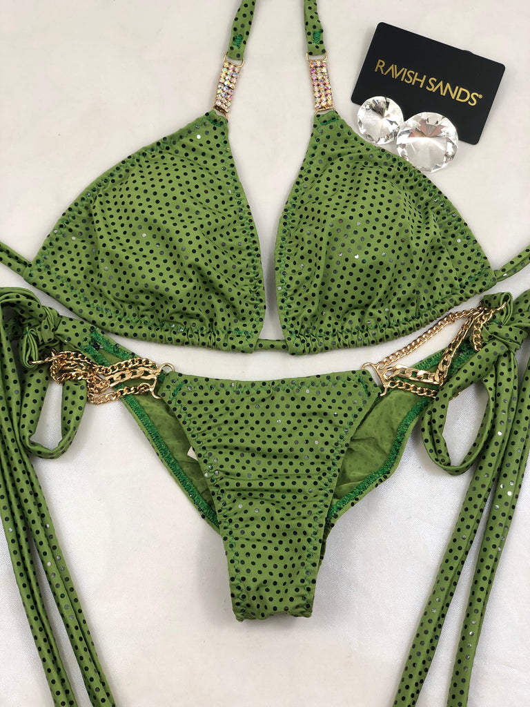 Custom Made Olive sequin gold chain Posing Competition bikini *Suit as pictured in your size/coverage request