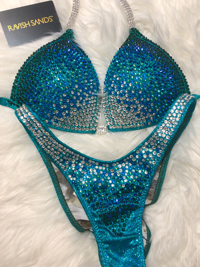 Custom Competition Bikinis teal emerald Gradient molded cup Wellness bikini